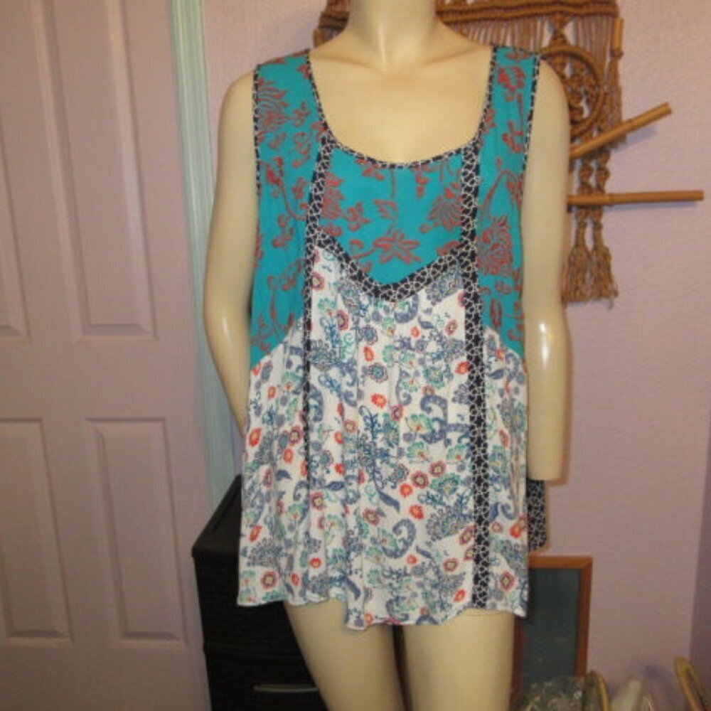 Floral Patchwork Embroidered Blouse Top Size 3X Sleeveless Swing Tunic Boho